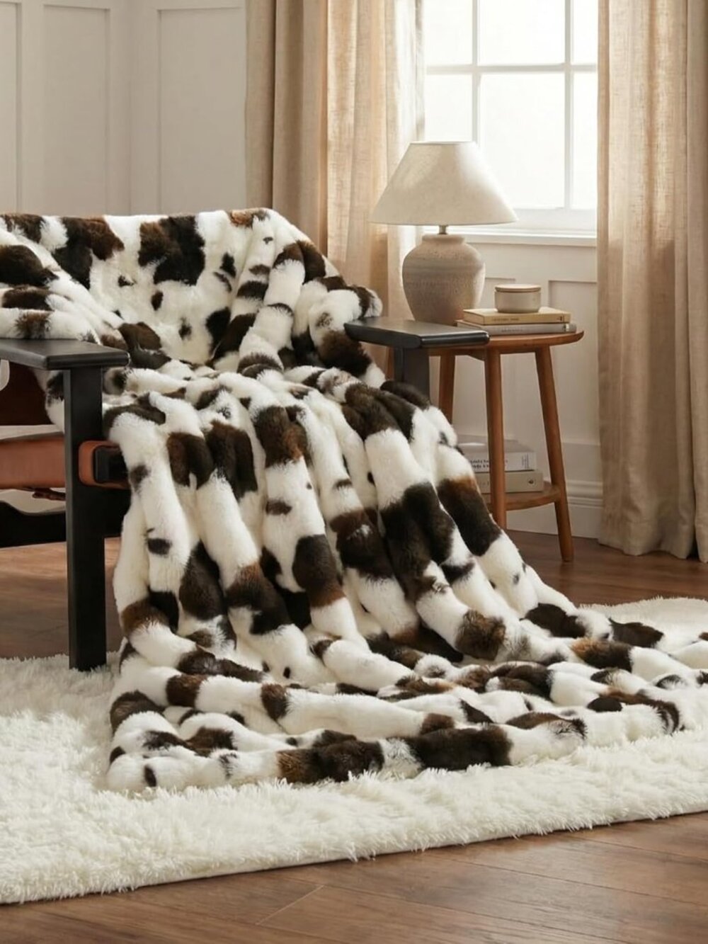 Cow Print Faux Fur Throw Blanket for Couch, Ultra Soft Cozy